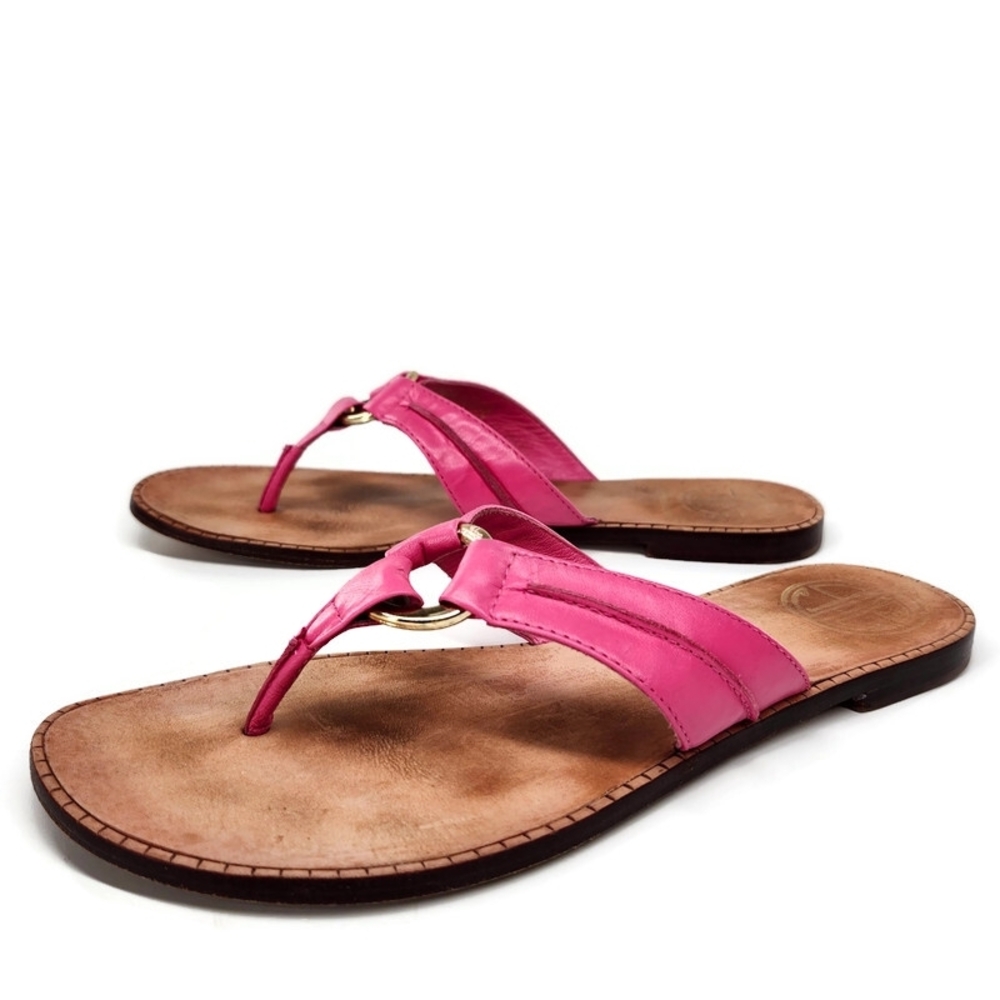 Lilly Pulitzer via Palm Beach McKim Pink Leather Gold Ring Thong Slide Sandals